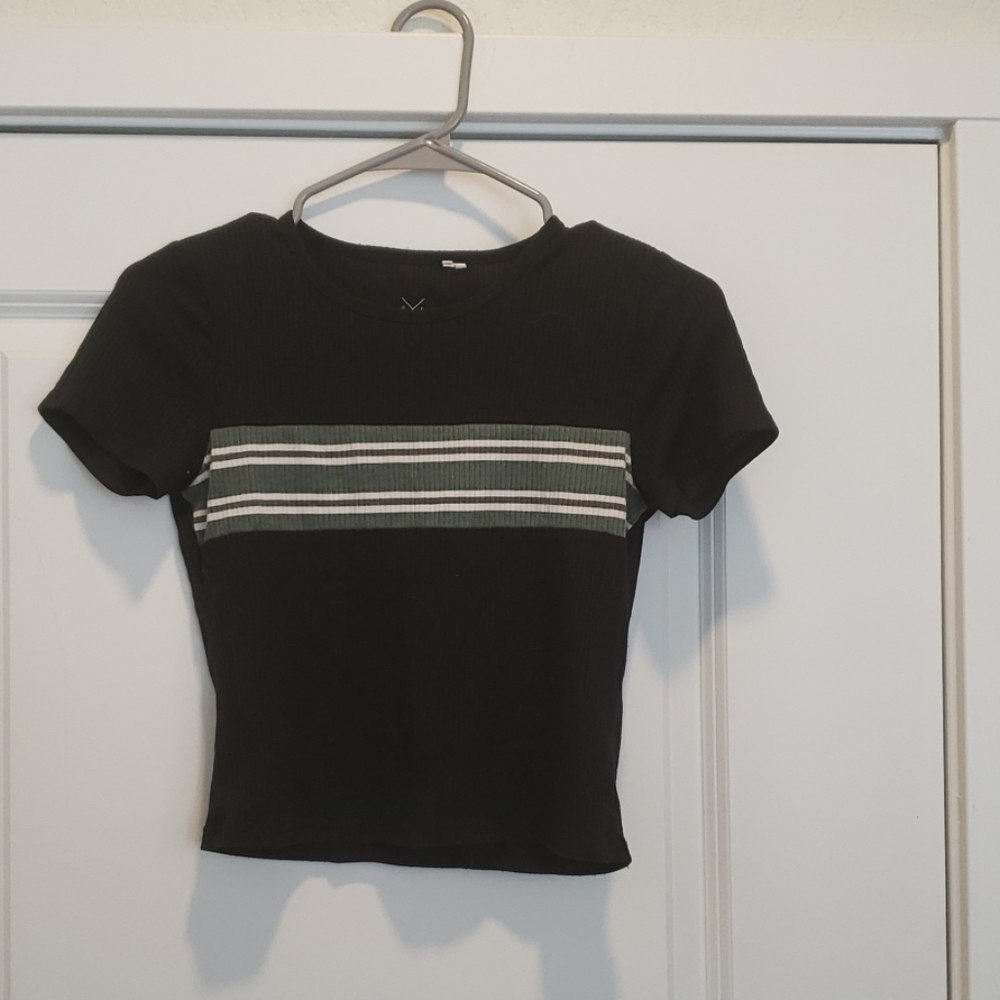 Black sweater, gray and white strips
